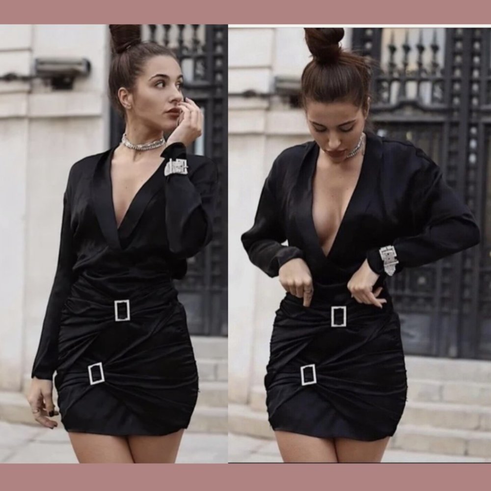 NWD ZARA [ Small ] Satin Effect Dress with Jewel Rhinestone Buckles Detail #Q378